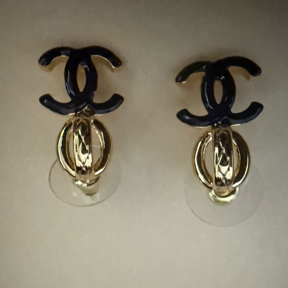 Brand new upcycled CHANEL Iconic Black and Gold Earrings - Picture 2 of 3